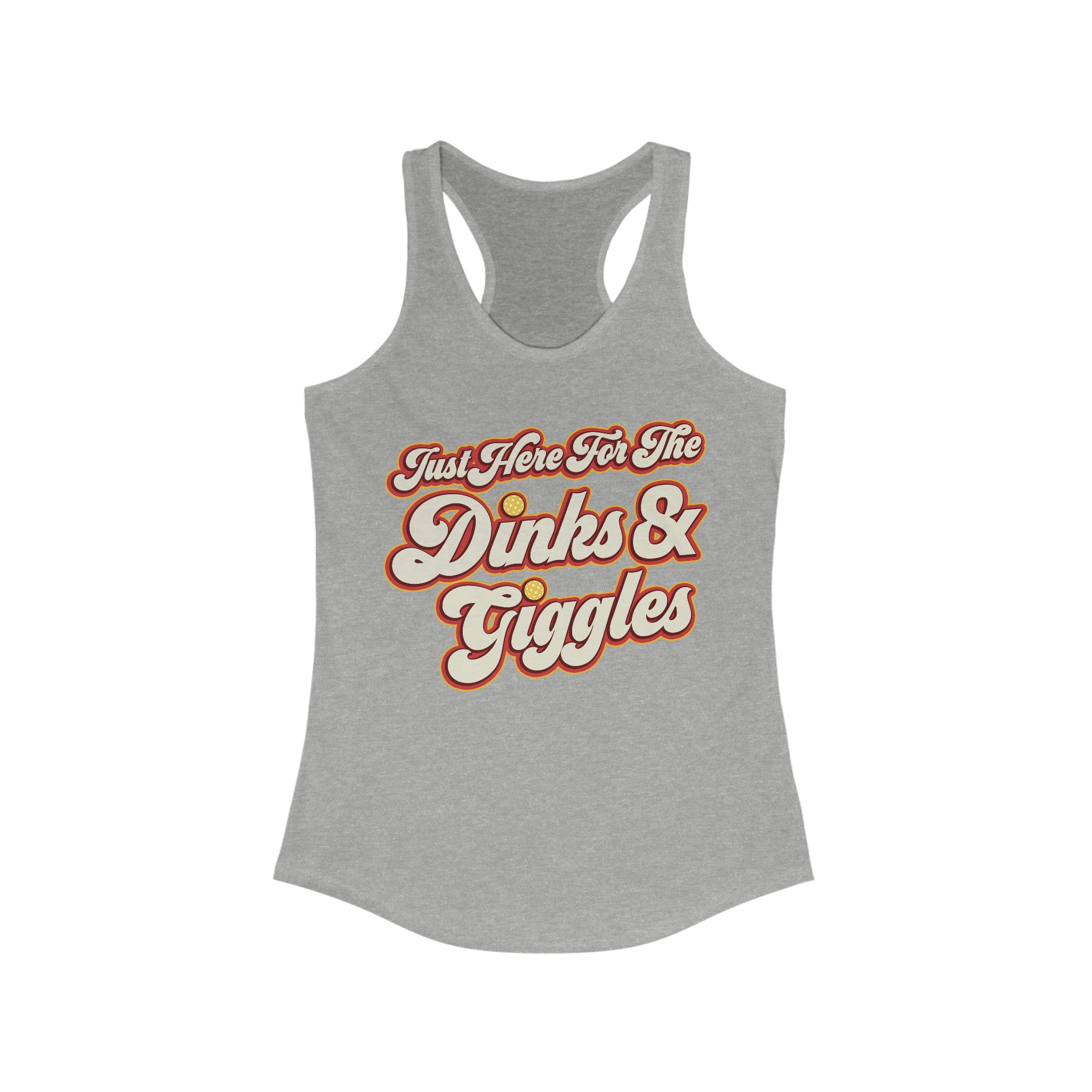 heather gray just here for the dinks and giggles women's racerback tank top pickleball apparel front view