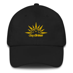black embroidered day dinker pickleball dad hat with pickleball sun pattern yellow on black
