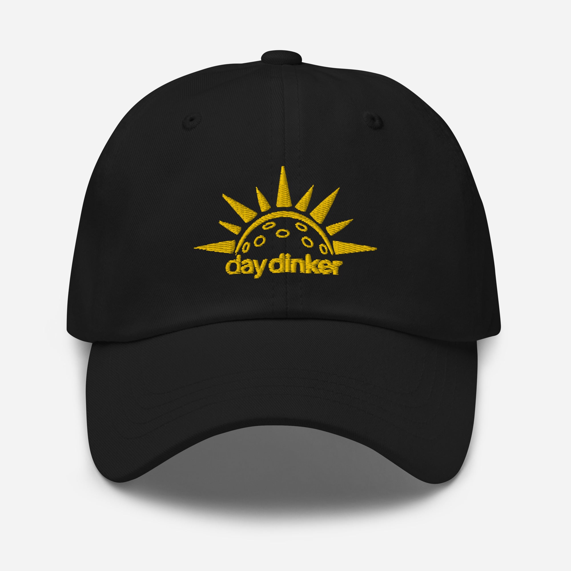 black embroidered day dinker pickleball dad hat with pickleball sun pattern yellow on black adjustable