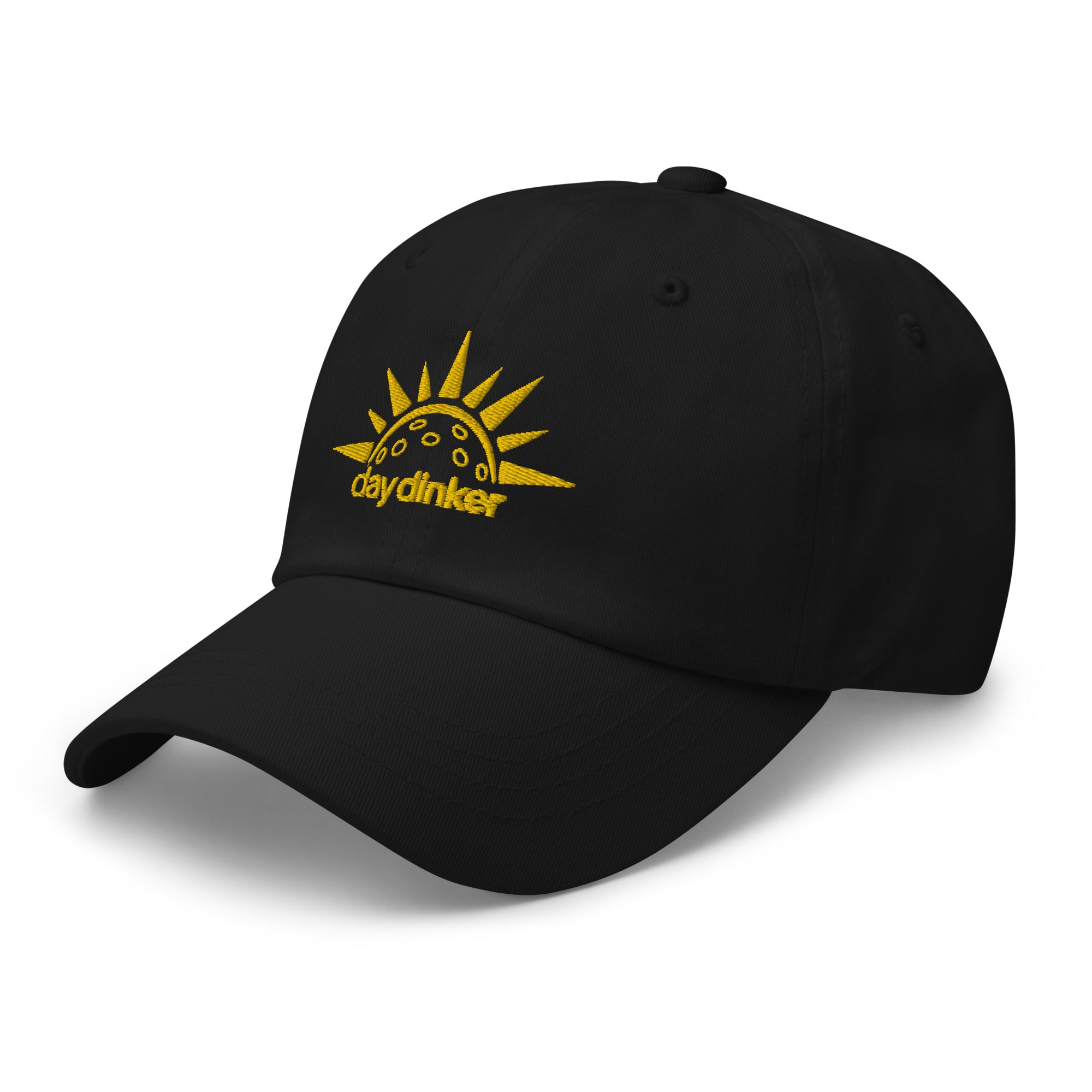 black embroidered day dinker pickleball dad hat with pickleball sun pattern yellow on black left side view