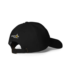 black embroidered day dinker pickleball dad hat with pickleball sun pattern yellow on black back view phenom logo