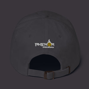 dark gray embroidered day dinker pickleball dad hat with pickleball sun pattern yellow phenom logo back view