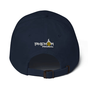 navy blue embroidered day dinker pickleball dad hat with pickleball sun pattern yellow on navy blue phenom log back view