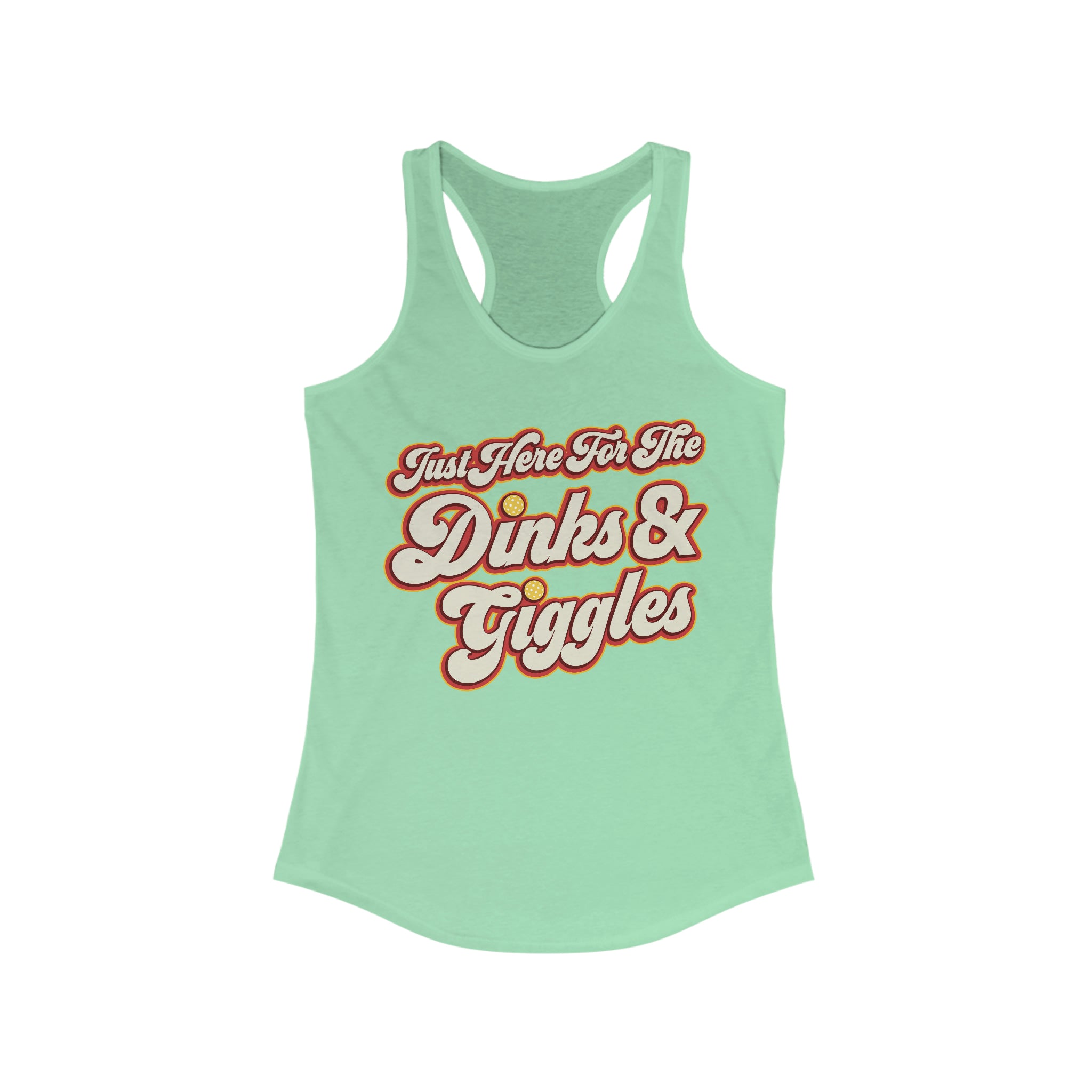 mint green just here for the dinks and giggles women's racerback tank top pickleball apparel front view