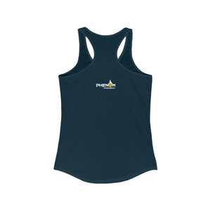 indigo blue just here for the dinks and giggles women's racerback tank top pickleball apparel phenom logo back view