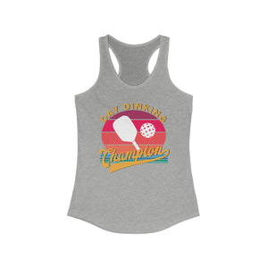 heather gray day dinking champion retro inspired pickleball apparel women's racerback tank top front view