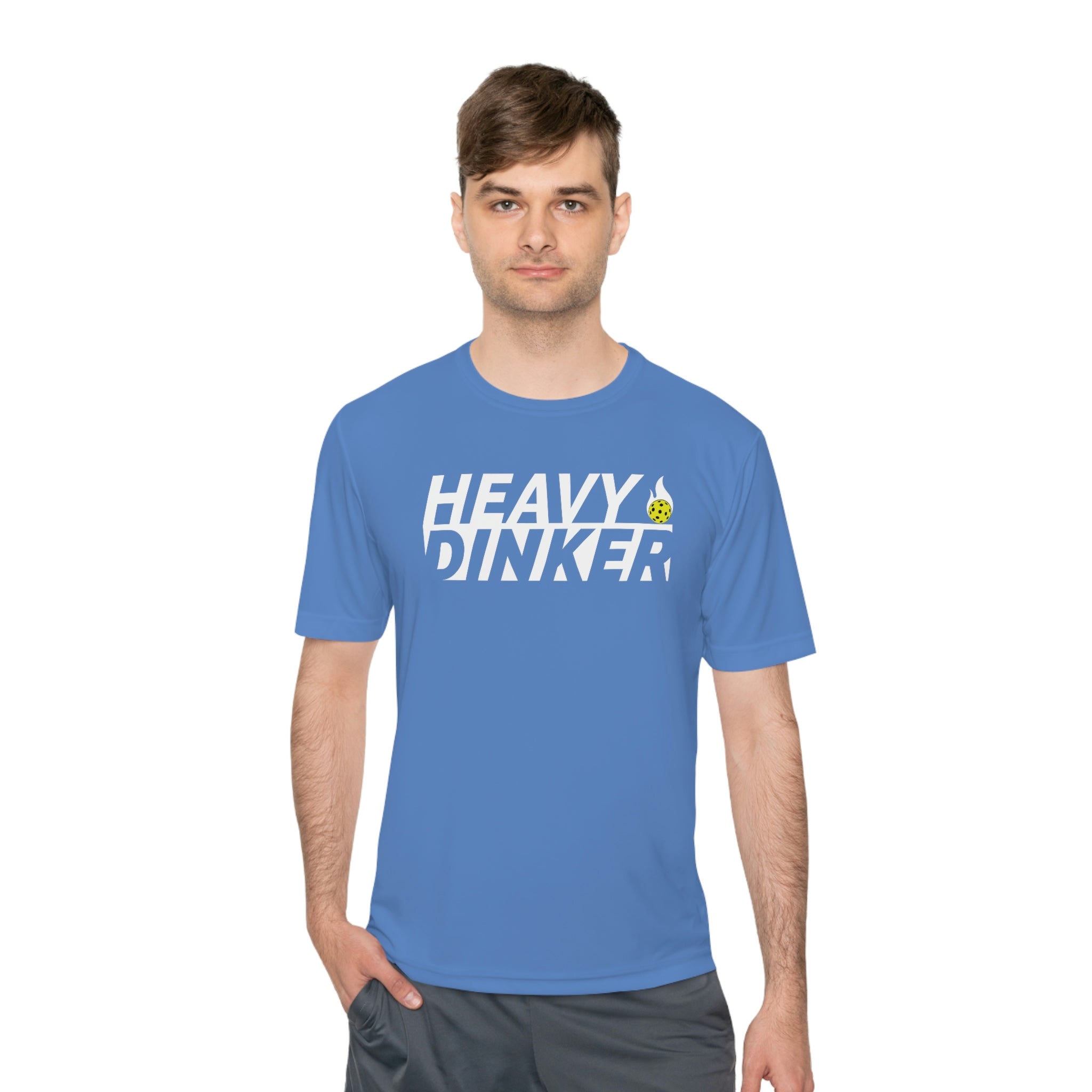 man wearing light blue heavy dinker men's athletic pickleball apparel shirt front view