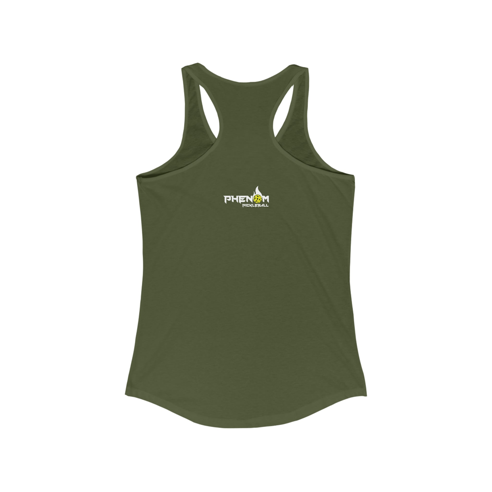 army green just here for the dinks and giggles women's racerback tank top pickleball apparel phenom logo back view