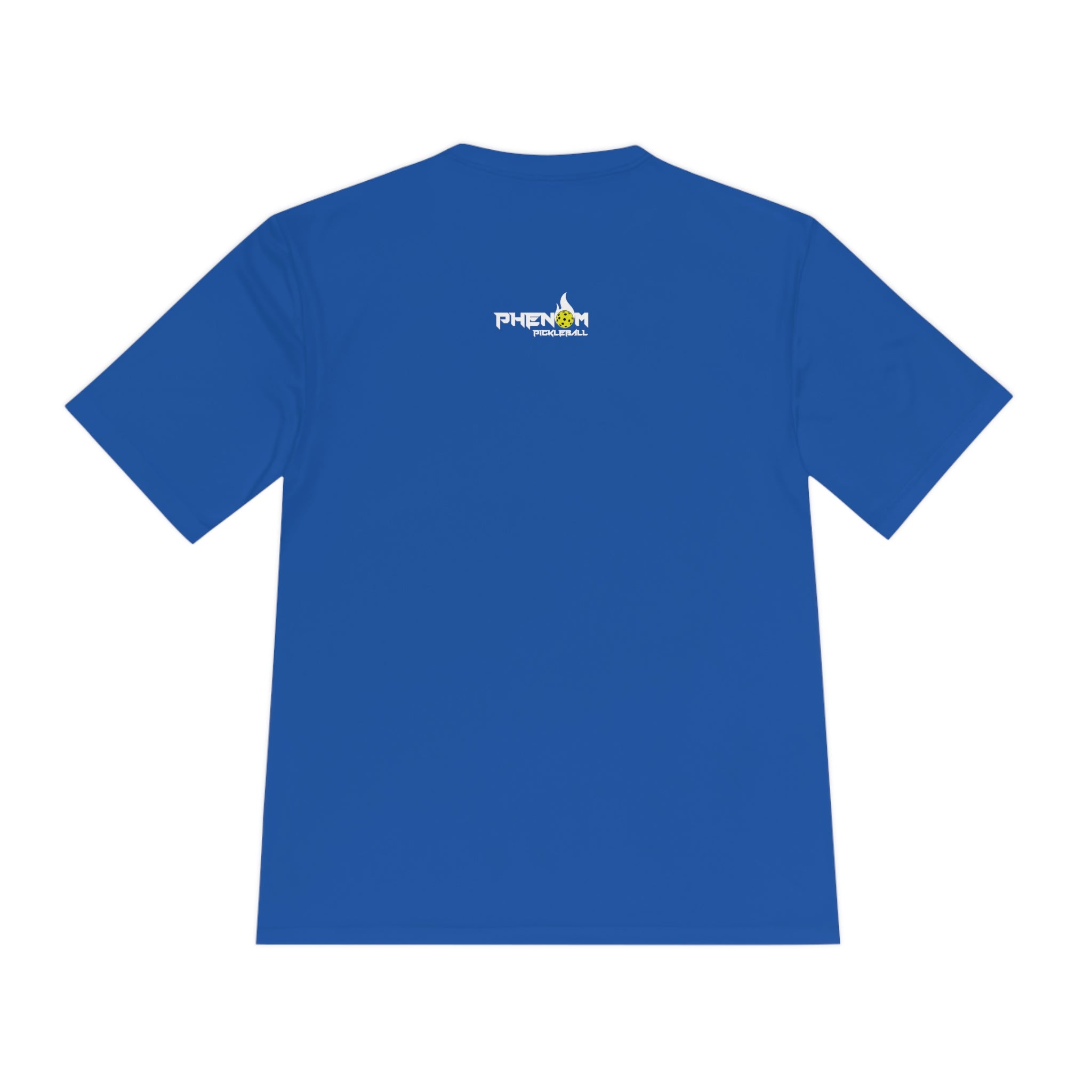 royal blue here to bang men's athletic pickleball apparel shirt phenom logo back view