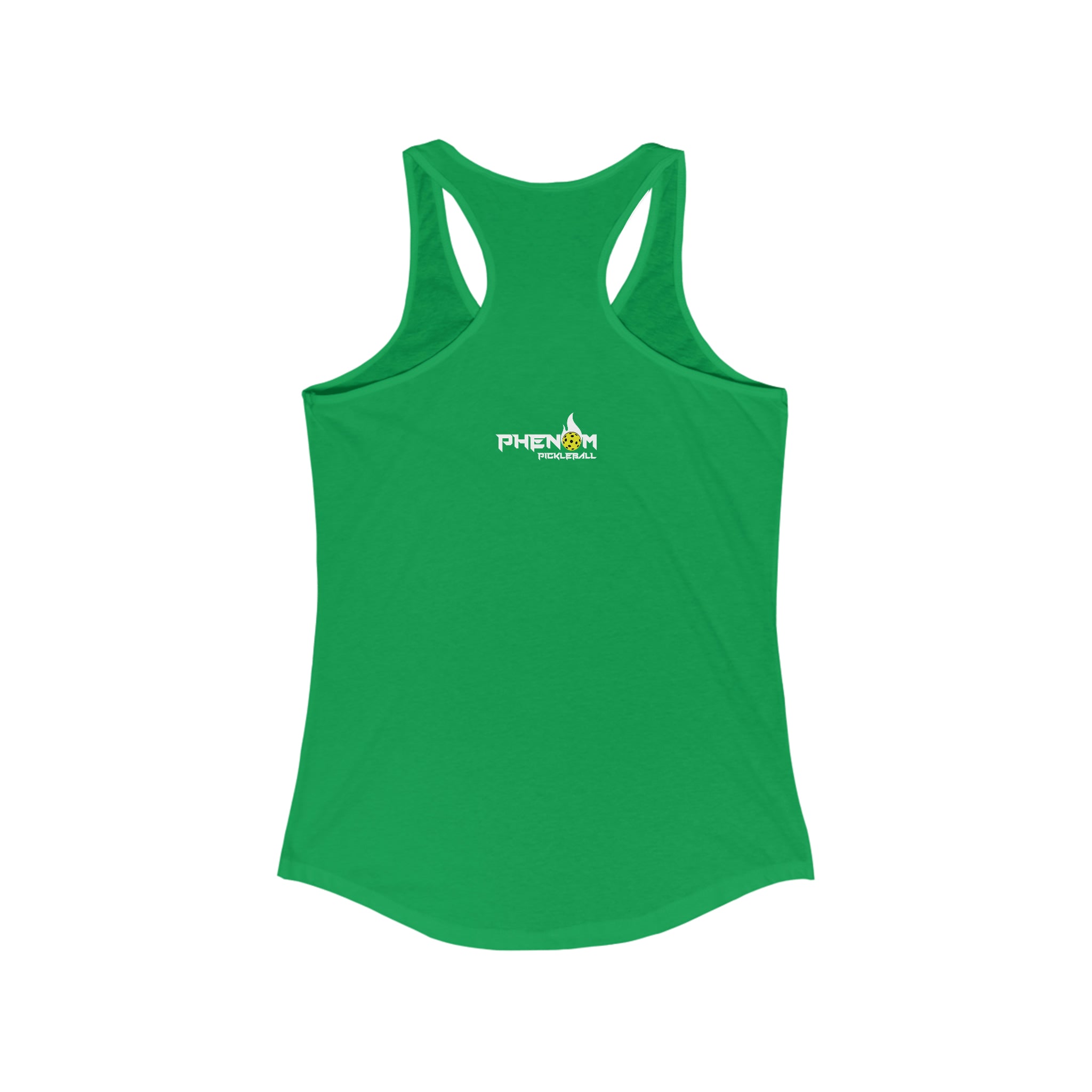 kelly green just here for the dinks and giggles women's racerback tank top pickleball apparel phenom logo back view