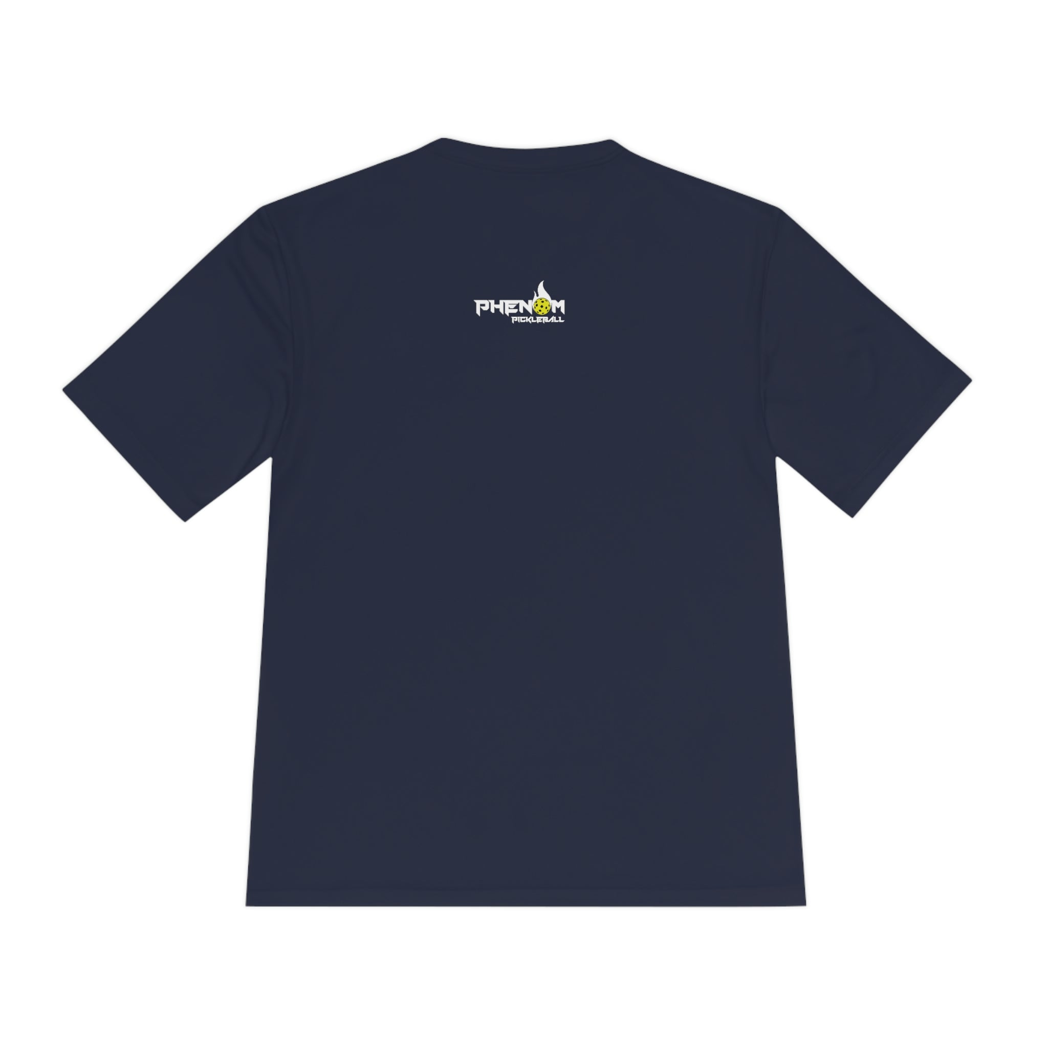 navy blue dink bang run dmc performance athletic pickleball shirt apparel phenom logo back view