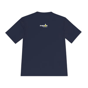 navy blue here to bang men's athletic pickleball apparel shirt phenom logo back view