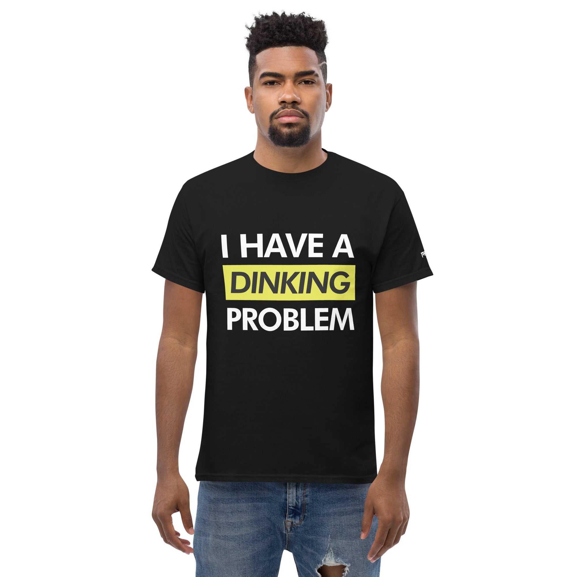 man wearing black I have a dinking problem pickleball shirt apparel front view