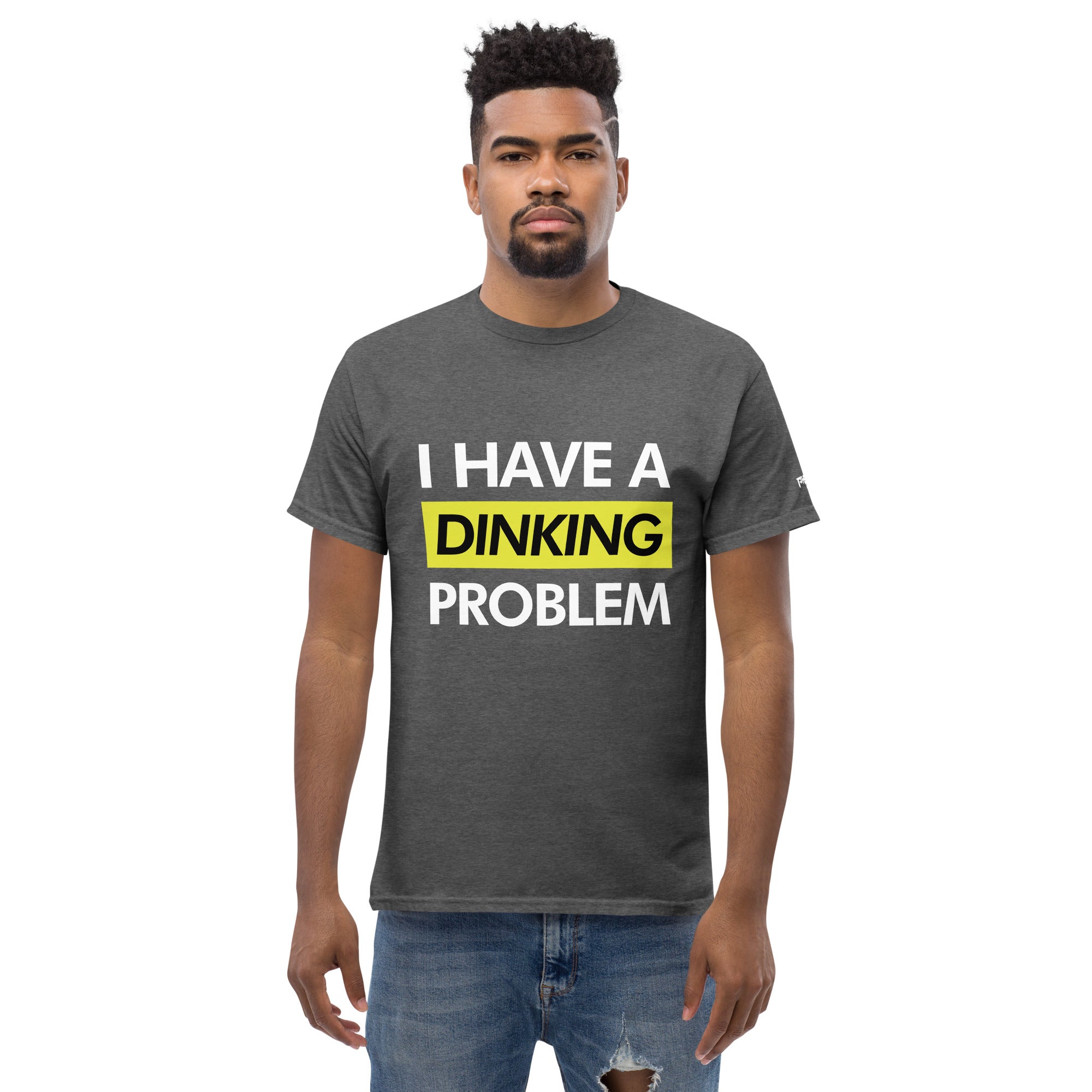 man wearing dark heather gray I have a dinking problem pickleball shirt apparel front view