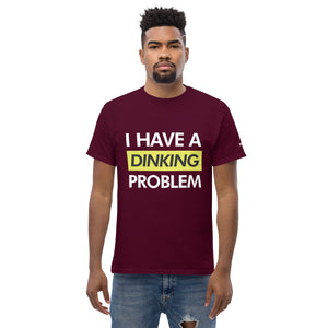 man wearing dark maroon burgundy I have a dinking problem pickleball shirt apparel front view