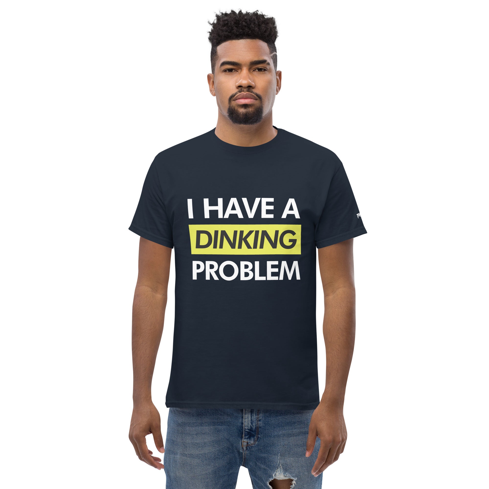 man wearing navy blue I have a dinking problem pickleball shirt apparel front view