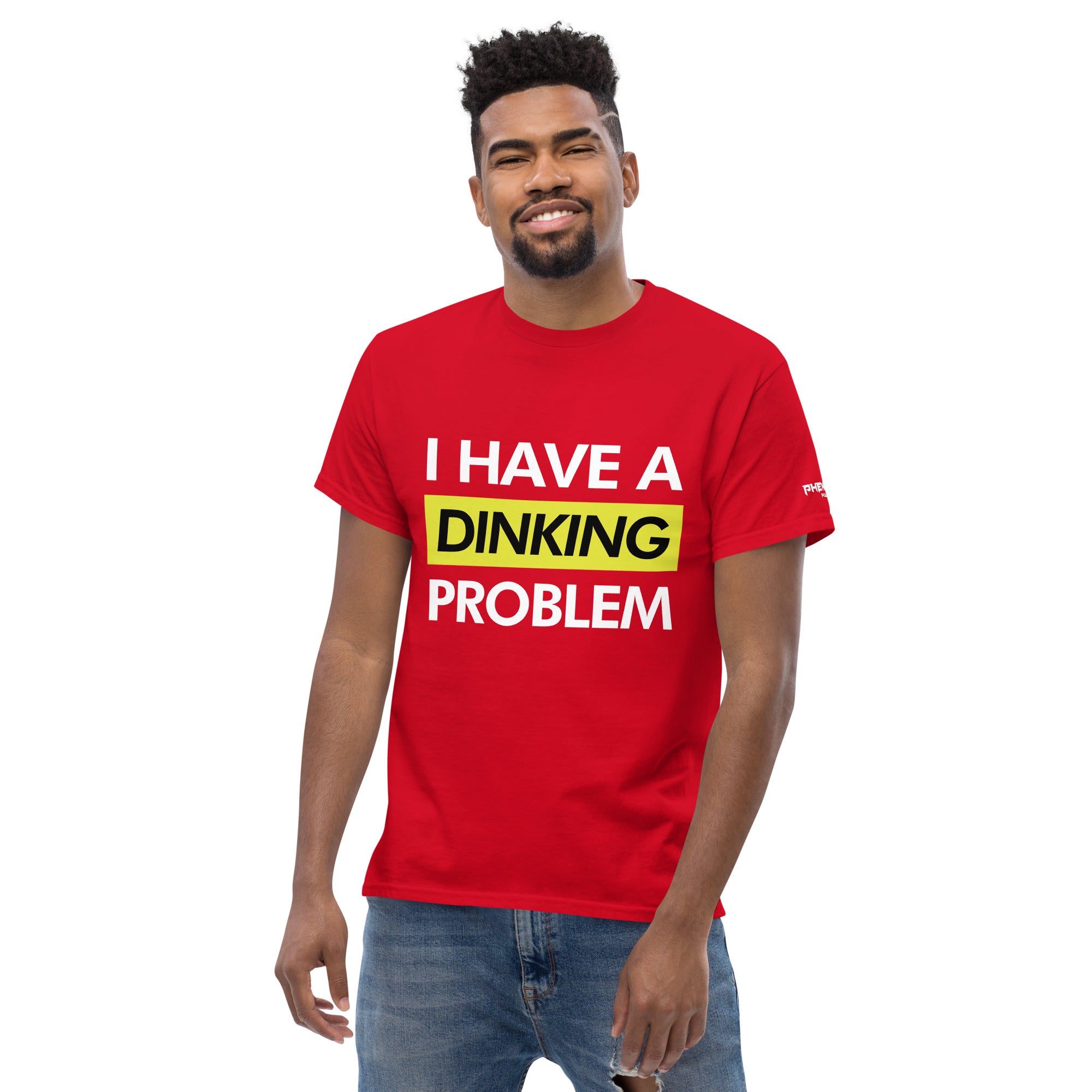 smiling man wearing red I have a dinking problem pickleball shirt apparel front view