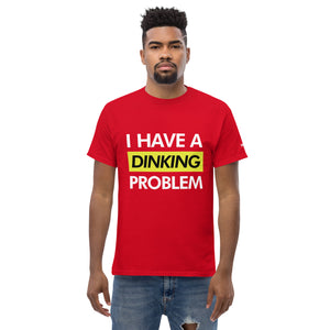 man wearing red I have a dinking problem pickleball shirt apparel front view