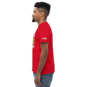 man wearing red I have a dinking problem pickleball shirt apparel phenom logo left side view