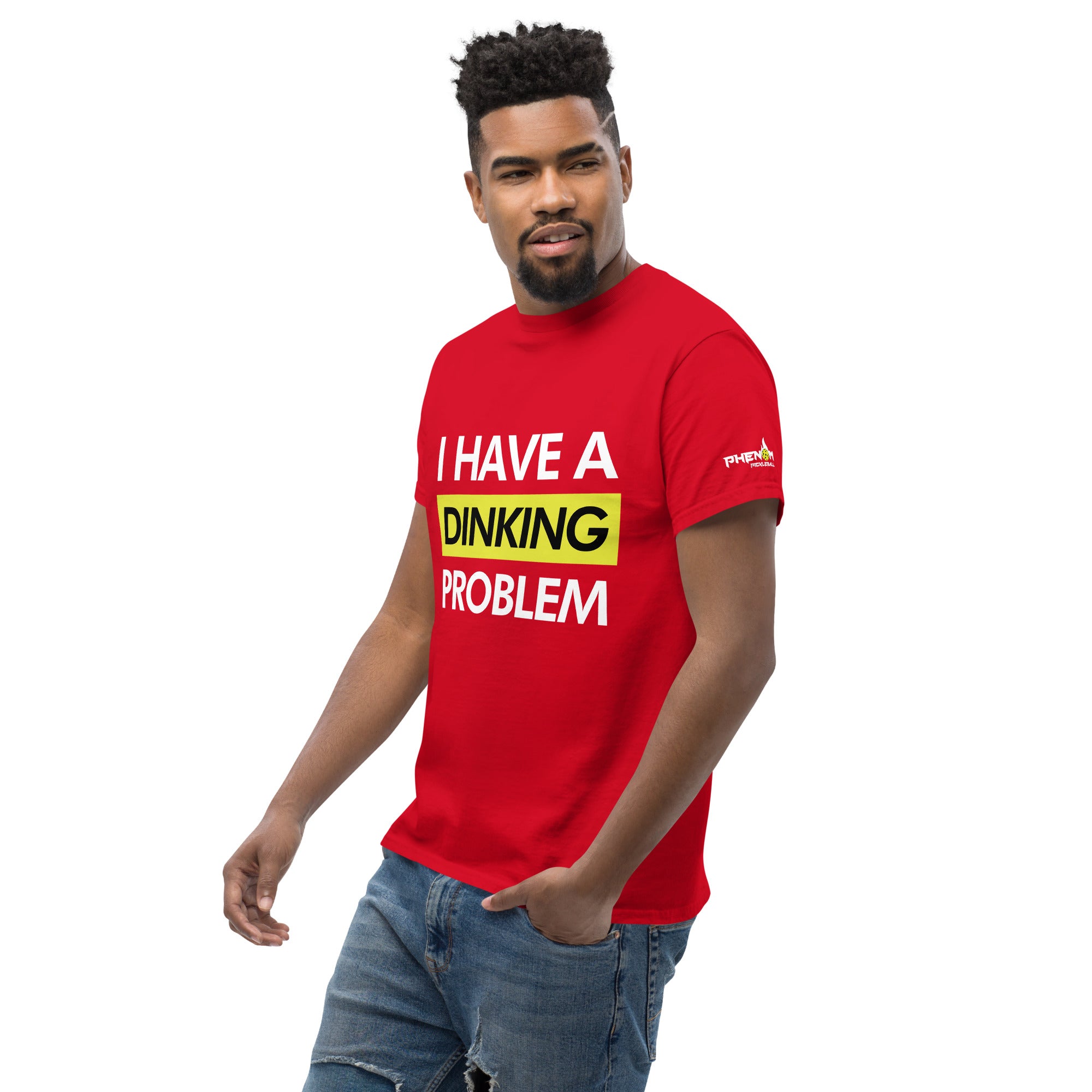 man wearing red I have a dinking problem pickleball shirt apparel phenom logo left front view