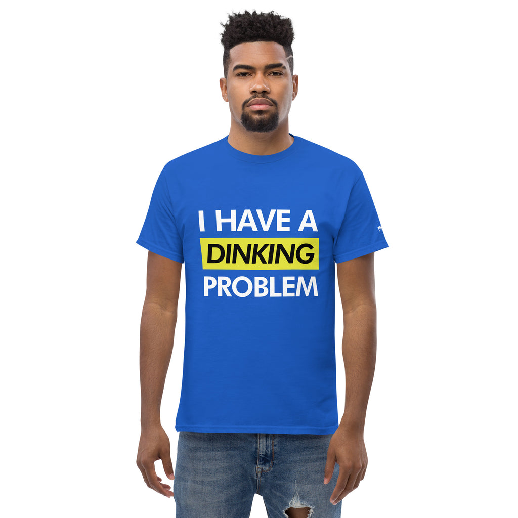 man wearing royal blue I have a dinking problem pickleball shirt apparel front view
