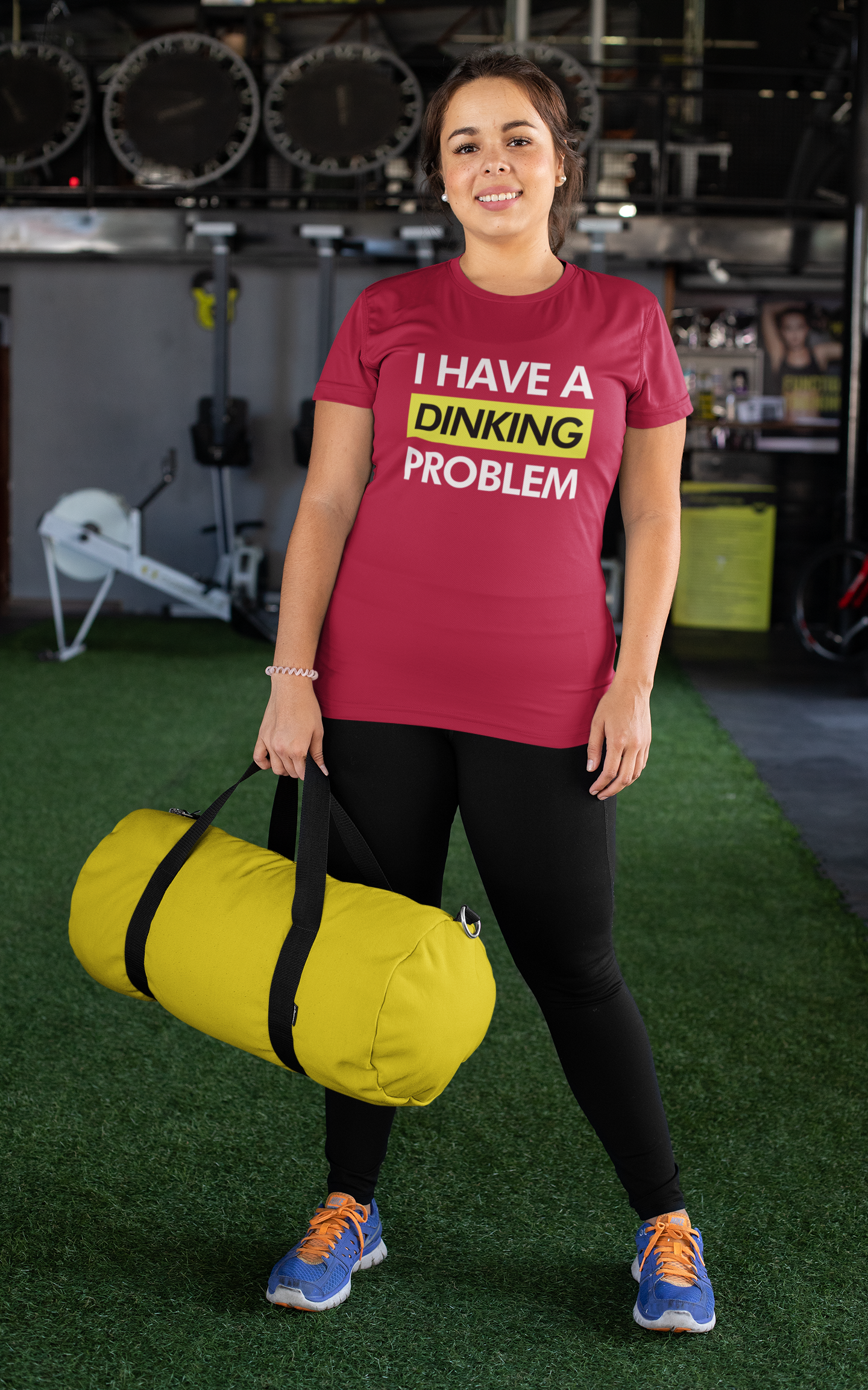 woman in gym wearing unisex red i have a dinking problem pickleball shirt apparel front view