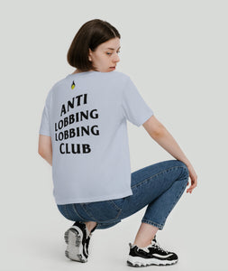 woman wearing anti lobbing lobbing club pickleball apparel shirt light blue back