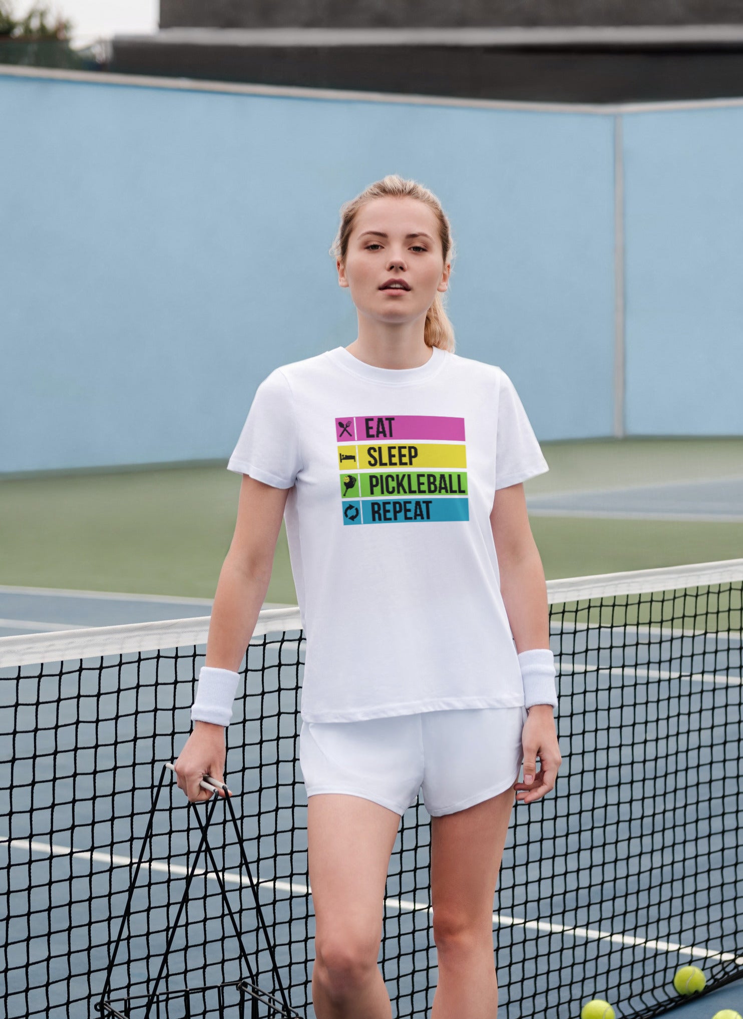 girl on court wearing white eat sleep pickleball repeat pickleball apparel shirt front view