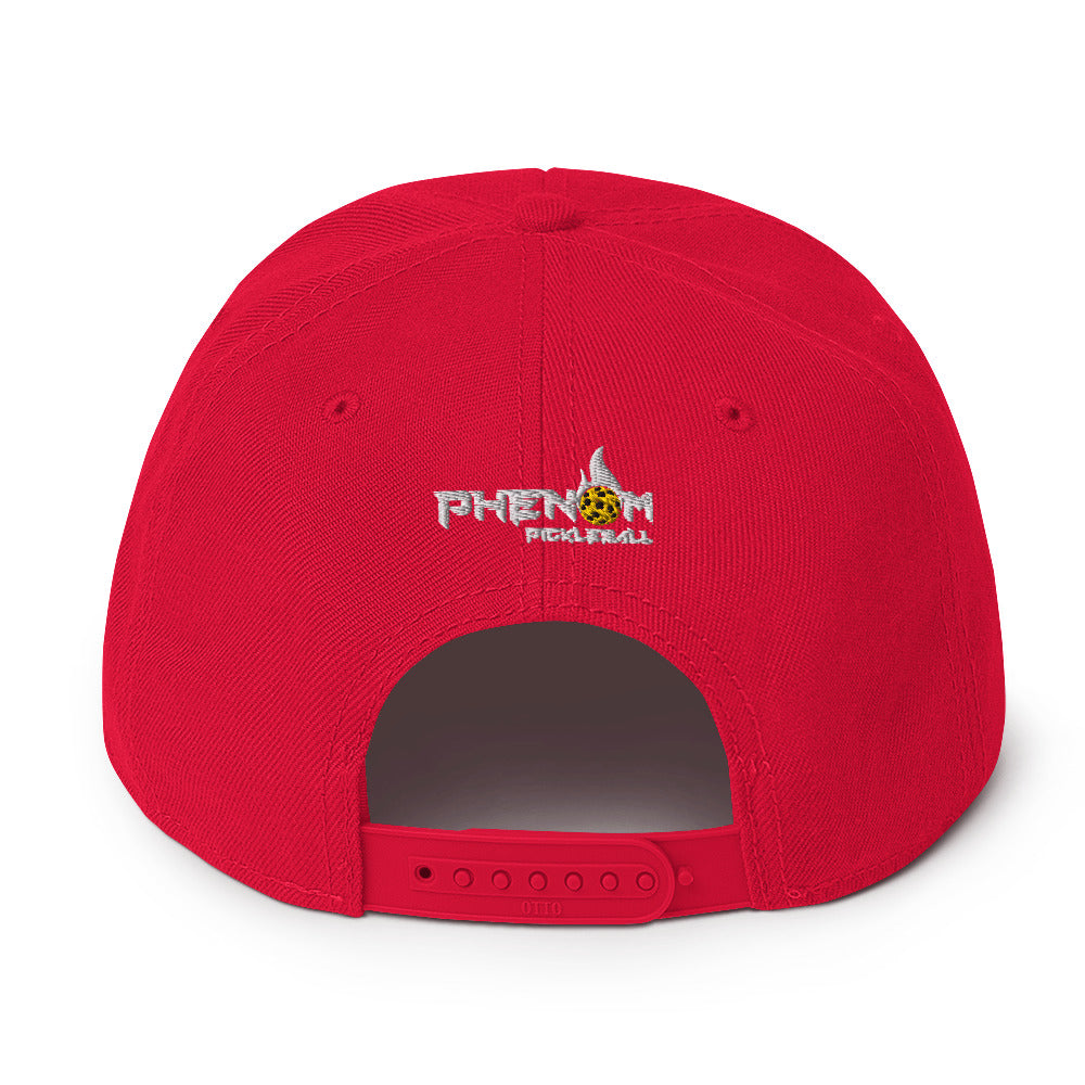 red flat bill adjustable cap dinker white letters on red background supreme inspired pickleball hat phenom logo back view