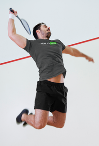 badminton male player jumping wearing dark gray here to bang pickleball apparel shirt front view