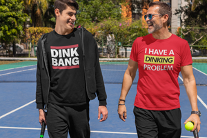 young man and older man wearing black and red pickleball shirt apparel on tennis court