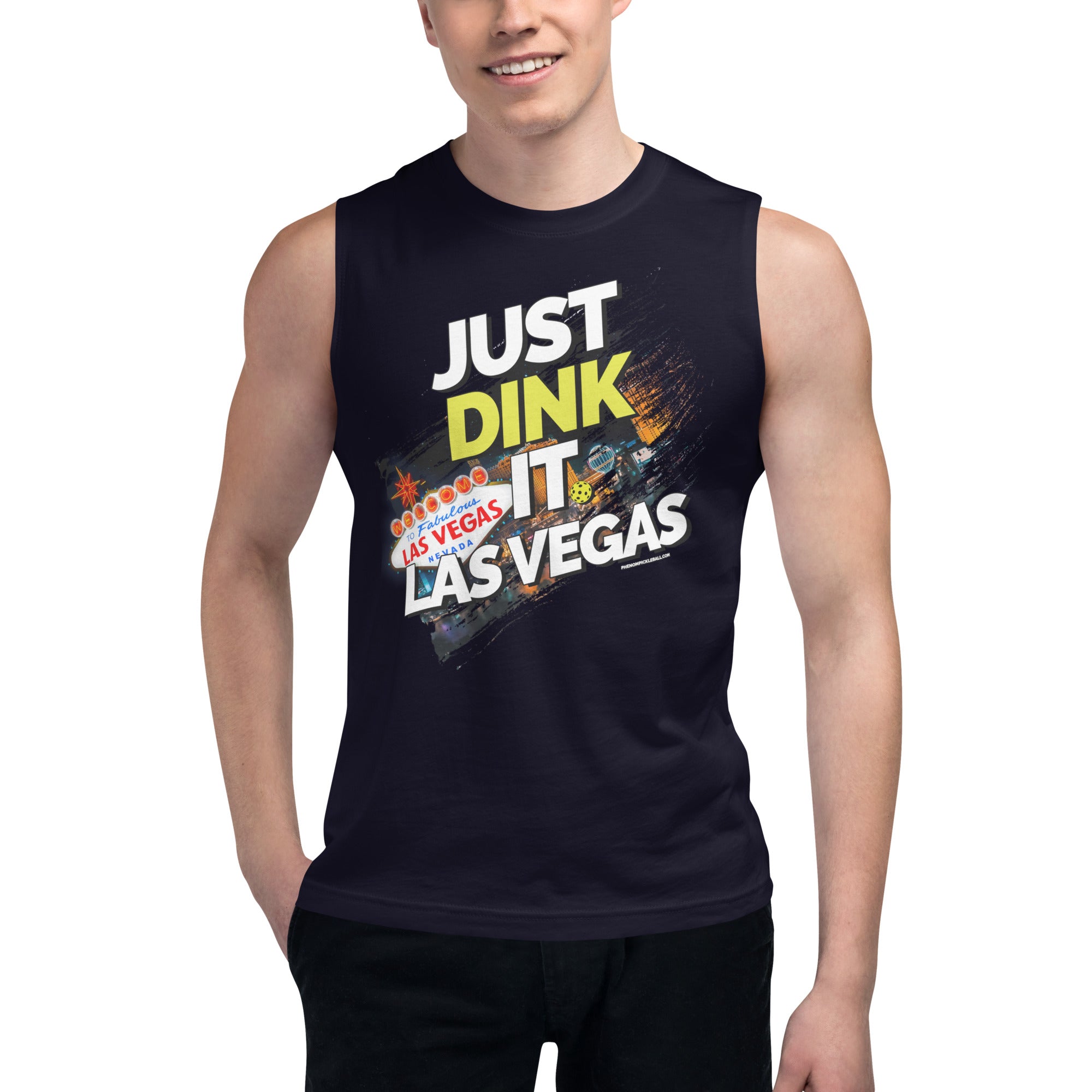 man wearing navy blue just dink it las vegas tank top performance apparel athletic top front view