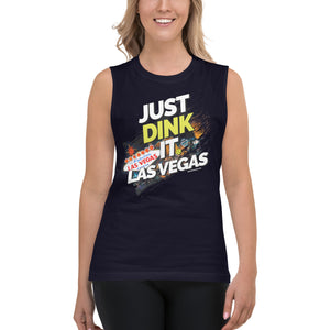 smiling woman wearing navy blue just dink it las vegas tank top performance apparel athletic top front view