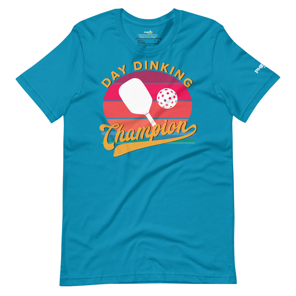 aqua blue day dinking champion retro inspired pickleball shirt apparel front view