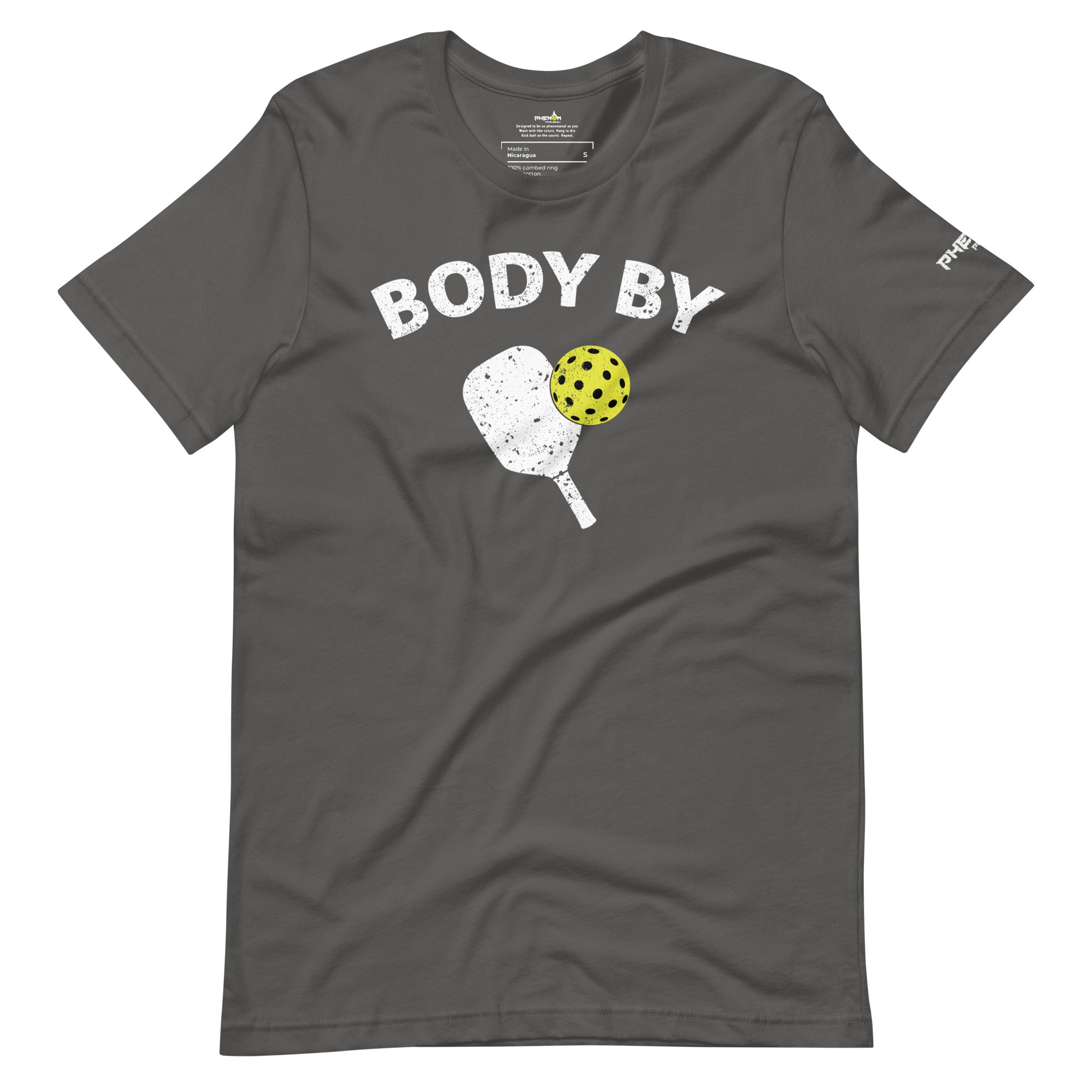 dark gray body by pickleball shirt apparel with paddle and ball weathered look front view