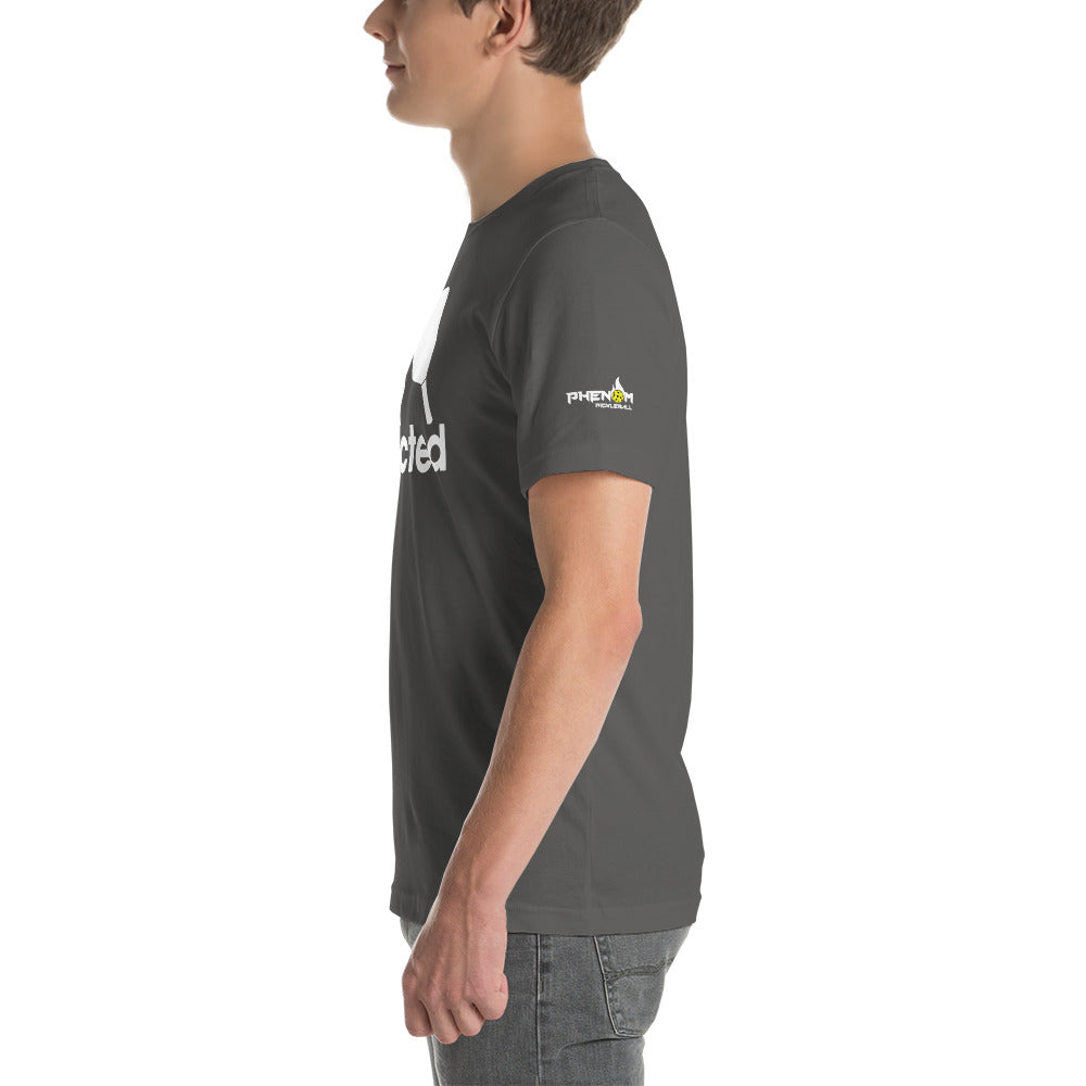 young man wearing dark gray addicted phenom pickleball shirt side view