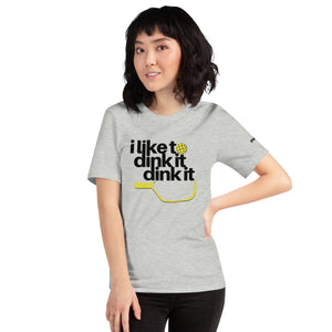 smiling petite asian woman wearing heather gray i like to dink it dink it pickleball apparel athletic performance shirt front view