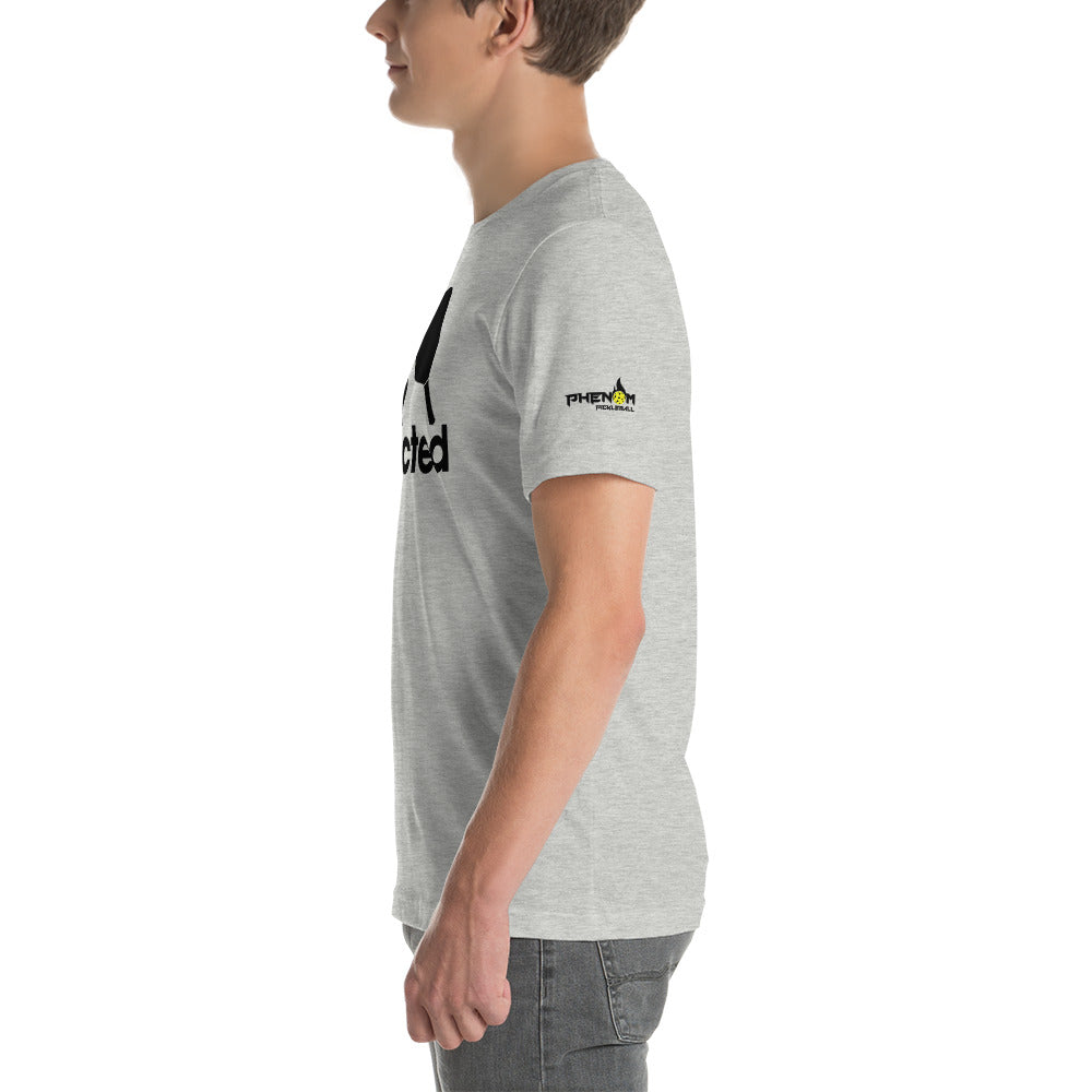 man wearing heather gray addicted phenom pickleball shirt side view