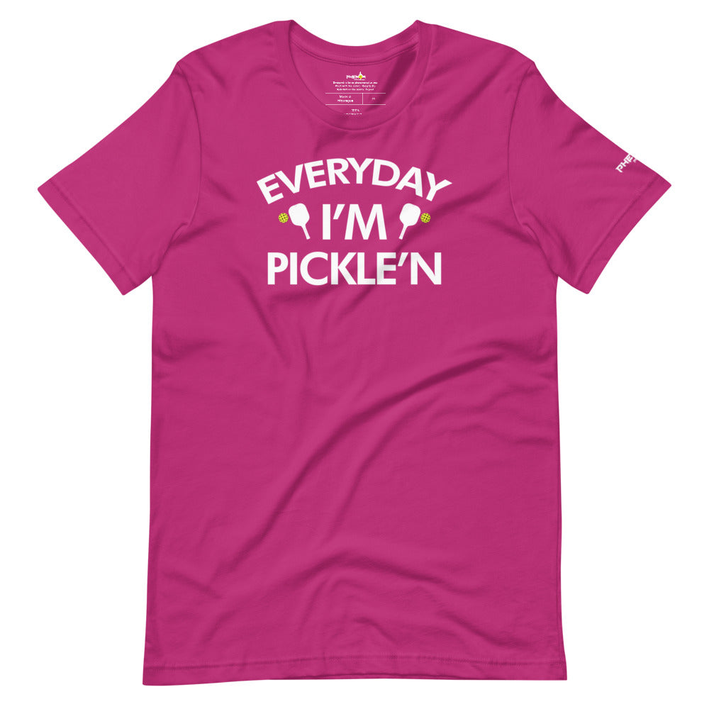 magenta hot pink everyday I'm pickle'n pickleball shirt apparel front view