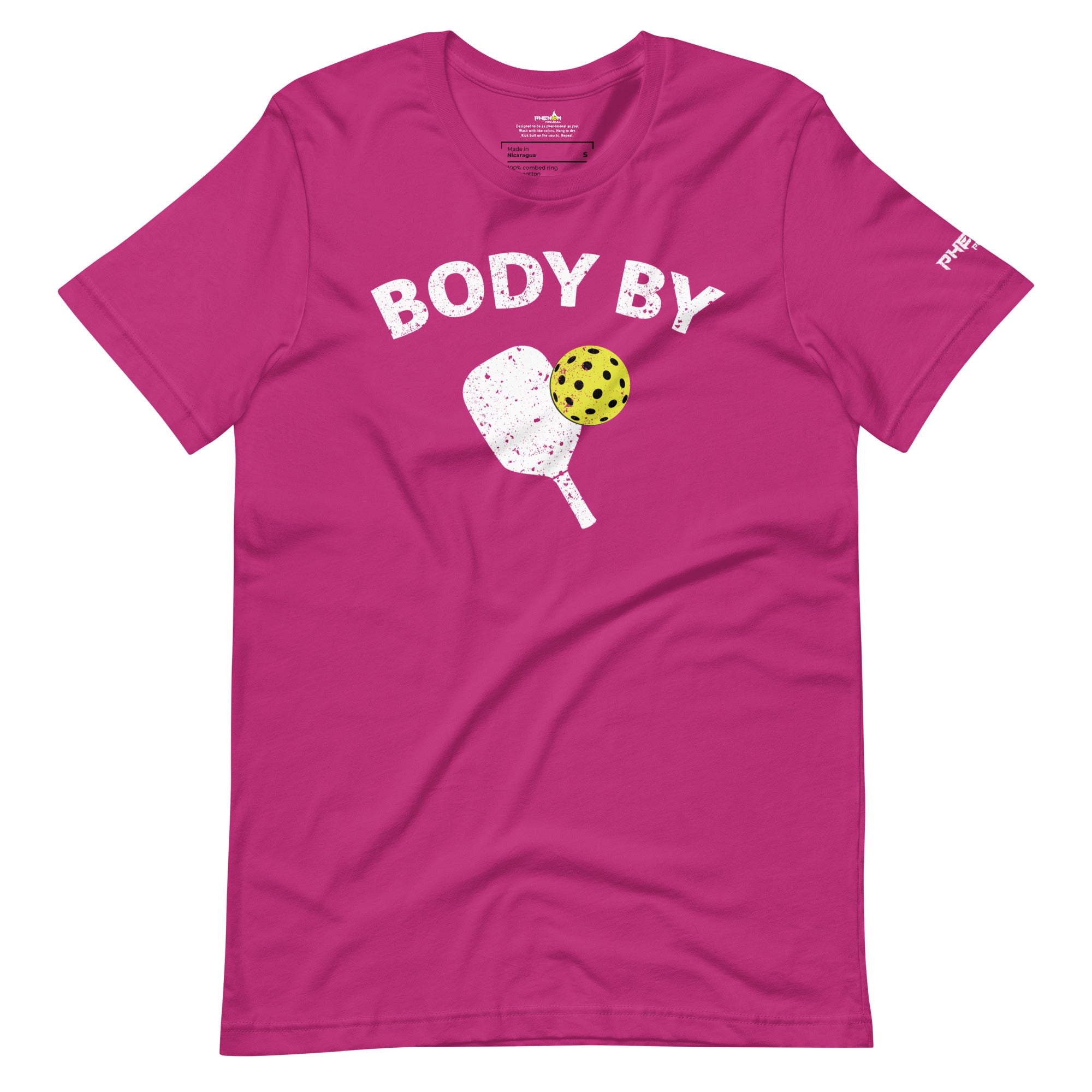 magenta hot pink body by pickleball shirt apparel with paddle and ball weathered look front view
