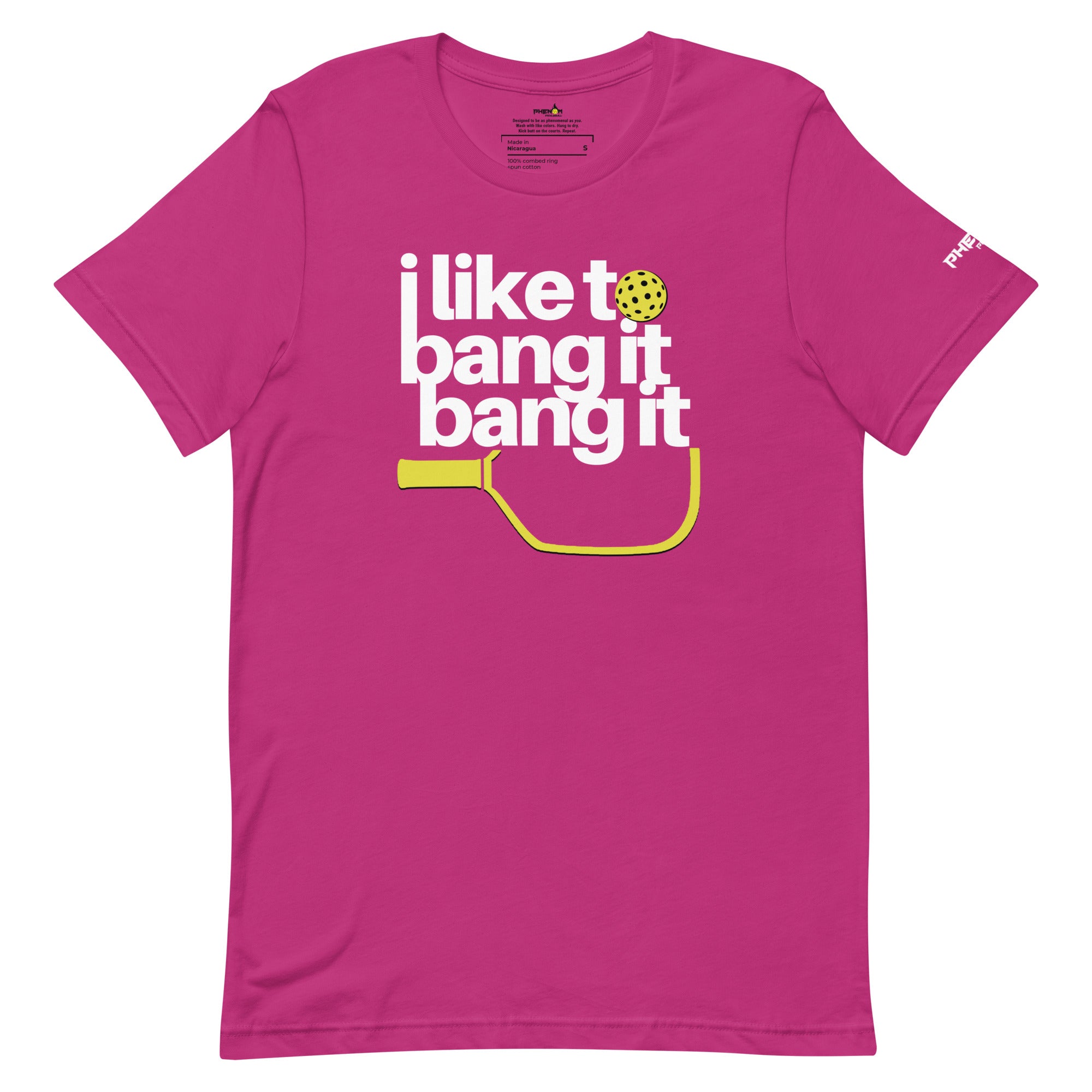 magenta hot pink i like to bang it bang it pickleball shirt performance apparel front view