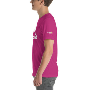 young man wearing magenta addicted phenom pickleball shirt side view