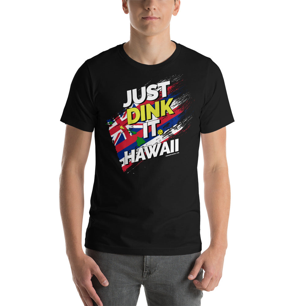 man wearing black just dink it hawaii oahu pickleball shirt performance apparel athletic top front view