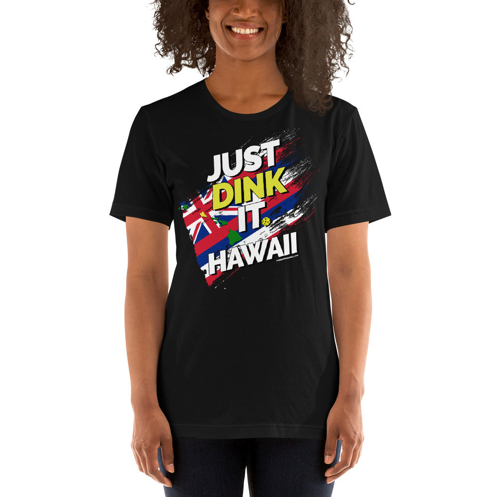 smiling woman wearing black just dink it hawaii oahu pickleball shirt performance apparel athletic top front view