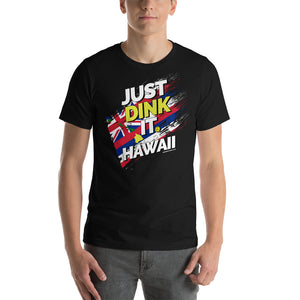 man wearing black just dink it hawaii big island pickleball shirt performance apparel athletic top front view