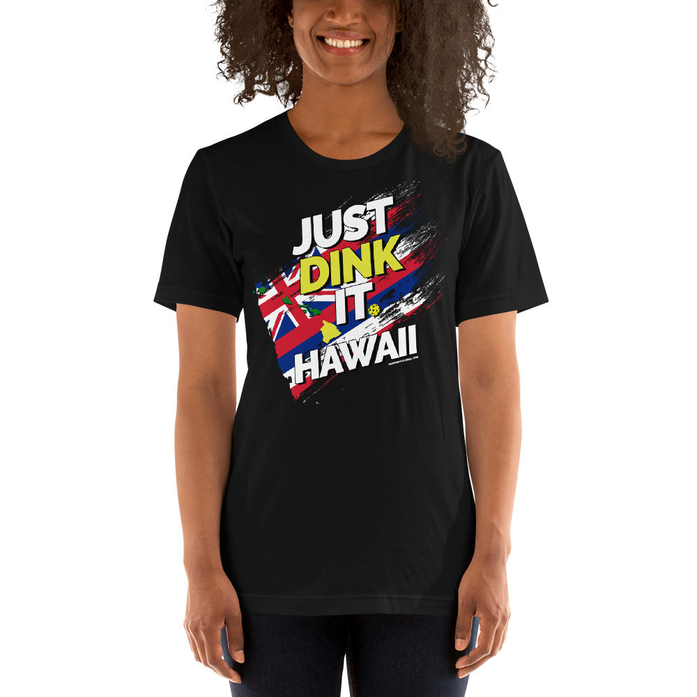 smiling woman wearing black just dink it hawaii big island pickleball shirt performance apparel athletic top front view