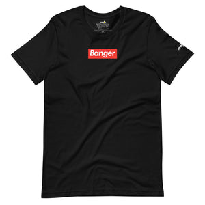 black banger pickleball shirt with white text on red background supreme style phenom front view