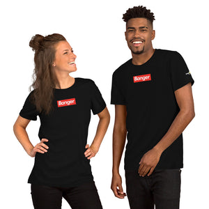 smiling couple wearing black banger pickleball shirt with white text on red background supreme style phenom front view