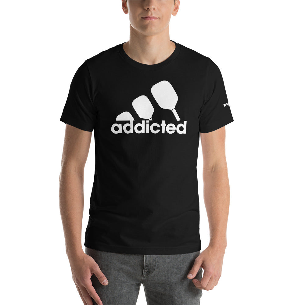 young man wearing black addicted pickleball shirt