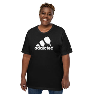 plus sized woman wearing black addicted pickleball shirt